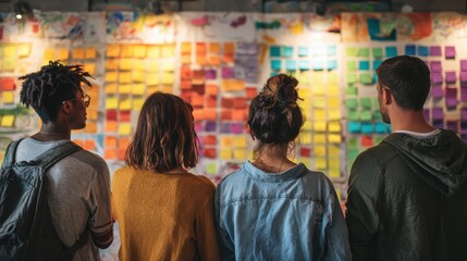 Poster - A group views a colorful board covered in sticky notes, fostering collaboration and brainstorming in a creative environment.