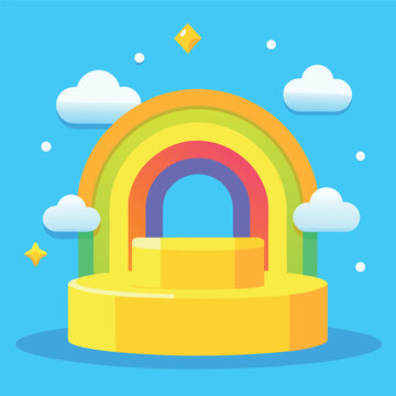 Empty yellow podium, rainbow, clouds,