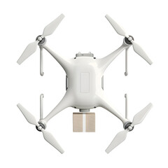 Fototapete - modern white quadcopter drone compact design isolated pure background, minimal soft shadow carrying small cardboard parcel underneath top background photo resource stock image design easy creative pro