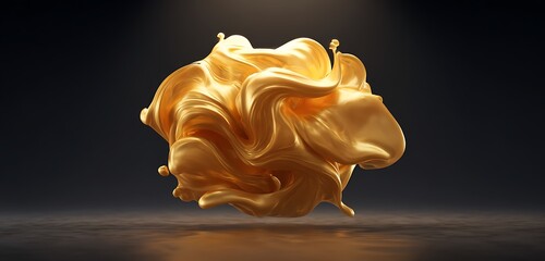 Poster - A golden fluid splash suspended in mid air with a dark background and reflective surface below it