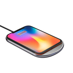 Fototapete - hyper realistic wireless charging pad magnetic phone alignment isolated, pure white background subtle soft shadow clean studio lighting use simple art asset download digital graphic wallpaper mockup e