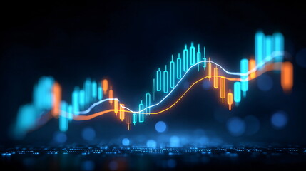 Poster - Blue and orange neon financial candlesticks and moving average lines. Stock market graph showing investment trend for business analysis.