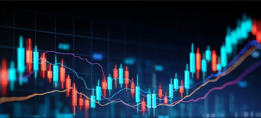 Poster - Blue and orange neon financial candlesticks and moving average lines. Stock market graph showing investment trend for business analysis.