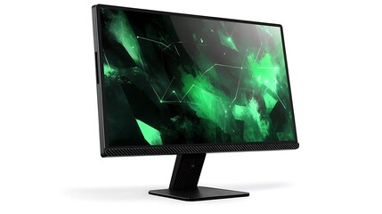 Leinwandbilder - Angled view of a black computer monitor displaying a green abstract design