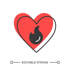 Poster - Heart flame offset shadow line icon. Romantic sign, decoration. Love, valentine. Emotion, support. Bold outline symbol with solid red fill. Modern flat illustration. Editable stroke
