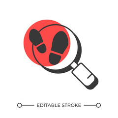 Poster - Footsteps magnifier offset shadow line icon. Surveillance research. Tracking, analysis. Detective, traces. Bold outline symbol with solid red fill. Modern flat illustration. Editable stroke