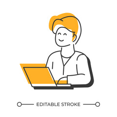 Poster - Laptop worker offset shadow line icon. Remote work, technology. Business employee, professional. Bold outline symbol with solid orange fill. Modern flat illustration. Editable stroke