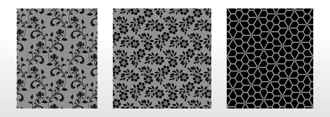 Poster - Geometric floral set of seamless patterns. Gray and black vector backgrounds. Damask graphic ornaments