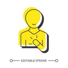 Poster - Speaking person offset shadow line icon. Self presentation. Professional speaker. Mental health. Bold outline symbol with solid yellow fill. Modern flat illustration. Editable stroke
