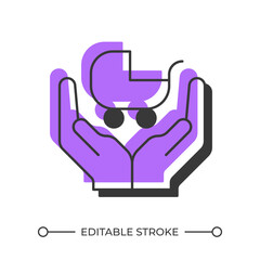 Poster - Baby stroller care offset shadow line icon. Family benefits. Responsibility, support. Motherhood, maternity. Bold outline symbol with solid purple fill. Modern flat illustration. Editable stroke