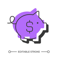 Poster - Saving pig offset shadow line icon. Coin bank, collecting. Money management. Budgeting, finance. Bold outline symbol with solid purple fill. Modern flat illustration. Editable stroke