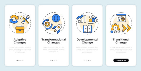 Fototapete - Types of organizational change onboarding mobile app screen. Walkthrough 4 steps editable graphic instructions with linear concepts. UI, UX, GUI. Montserrat SemiBold, Regular fonts used