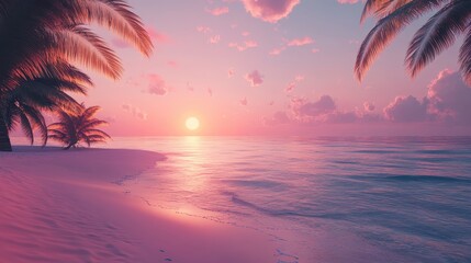 Wall Mural - Pink sunset beach scene with palm trees and soft, colorful clouds. It's good for vacation, travel, relaxation, or tropical themed projects.