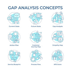 Poster - Gap analysis soft blue concept icons. Difference between current and desired performance. Organization change. Icon pack. Vector images. Round shape illustrations for presentation. Abstract idea