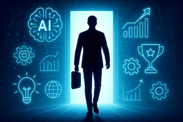 Poster - Businessman walking through glowing doorway with AI and business graphics silhouette