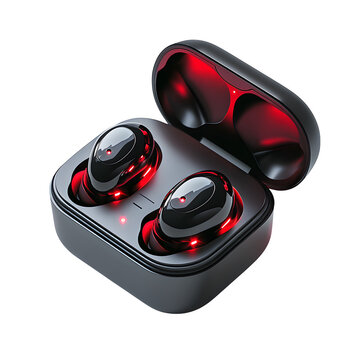 hyper realistic pair wireless earbuds charging case matte black, red leds isolated pure white background subtle soft shadow art asset download digital graphic wallpaper mockup element texture backgrou