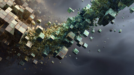 Poster - Floating Metallic Cubes Digital Abstract Art with Green and Gold Tones
