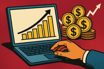 Poster - Laptop displaying upward financial graph with stacked gold coins financial growth
