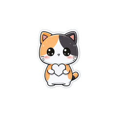 Poster - Whimsical Cartoon Calico Kitten Holding a Heart Isolated on Transparent Space