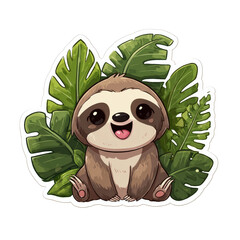 Aufkleber - Whimsical Sloth Illustration Surrounded by Lush Tropical Foliage on Transparent Canvas