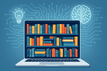 Fototapete - Laptop screen displays bookshelves with books lightbulb and brain bookshelf