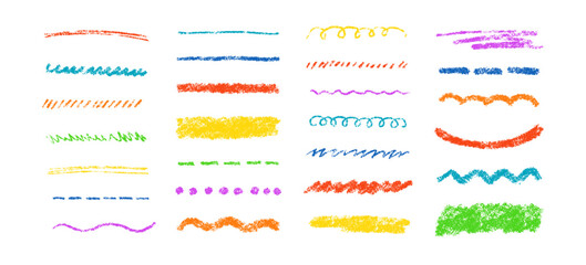 Poster - Hand drawn crayon scribble lines. Doodle chalk marker line stripes collection. Wavy chalk texture underlines. Handmade brush scribble dividers. Vector illustration isolated on white background.