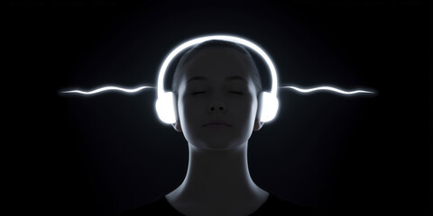 Poster - Young woman with headphones immersed in music, surrounded by glowing sound waves, creating a serene atmosphere, representing the power of sound and relaxation in a dark environment