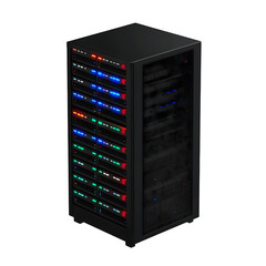 Fototapete - hyper realistic isometric server rack matte black led indicators, isolated pure white background subtle soft shadow clean studio element texture background photo resource stock image design easy creat
