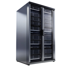 Fototapete - hyper realistic isometric server rack metallic silver dark glass, doors isolated pure white background subtle soft shadow clean image design easy creative project use simple art asset download digital