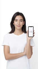 Poster - Young woman holding smartphone displaying 10G connectivity, wearing a plain white t-shirt, showcasing modern technology and digital communication in a clean, minimalistic environment