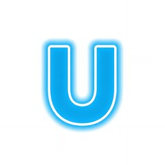 Poster - Bright glowing three dimensional alphabet character U rendered with vivid blue neon electric tube lighting effect against clean white backdrop ideal for digital design projects