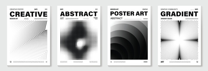Poster - Abstract monochrome poster background vector set. Modern cover template with black and white perspective geometric prism shape, line, dot halftone. Ideal design for social media, banner, ads.