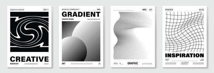 Poster - Abstract monochrome poster background vector set. Modern cover template with black and white perspective geometric prism shape, line. Ideal design for social media, banner, ads.