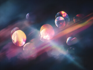 Poster - Abstract Spheres Floating with Rainbow Light Streaks on Transparent Background