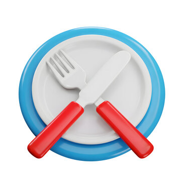 Plate, knife and fork icon. Cutlery symbol. 3d rendering isolated on white background. Cartoon plastic style
