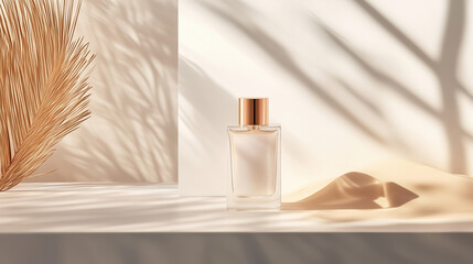 Poster - Elegant clear perfume bottle against soft beige background with natural shadows and dried palm leaves