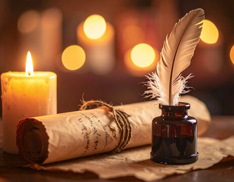 Medieval Document – Still Life with Parchment and Quill Pen