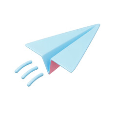 Poster - 3d light blue paper airplane in flight with motion trails isolated on transparent background