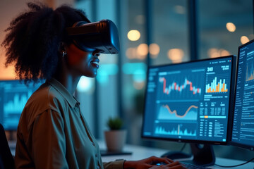 Poster - Empowered African-American Businesswoman Engaged in Virtual Reality Analytics on State-of-the-Art Technology