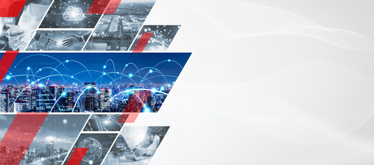 Poster - A collage of various technology images. Wide angle visual for banners or advertisements.