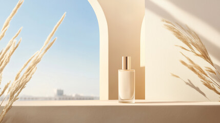 Poster - Fragrance bottle on a windowsill with clear blue sky and natural elements in soft sunlight