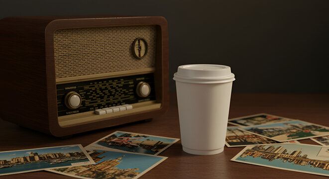 A vintage radio and coffee cup on a table with postcards