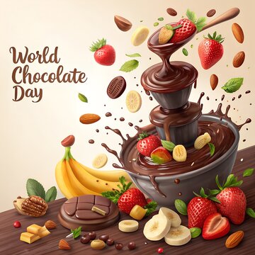 A rich chocolate fountain splashing over fruits and nuts 
