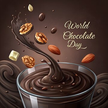 A rich chocolate fountain splashing over fruits and nuts 