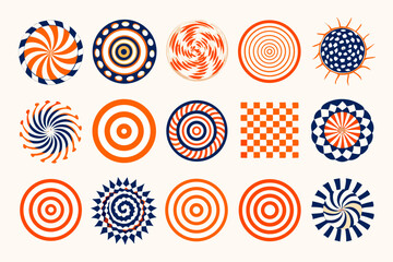Poster - Collection of abstract geometric circle designs in orange and blue with various patterns for creative visual concepts and decorative elements