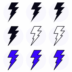 Poster - Collection of diverse lightning bolt illustrations in various styles including black outlines and blue filled designs on white backgrounds