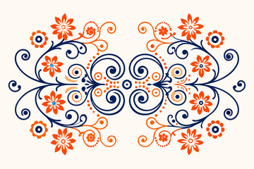 Poster - Decorative floral ornament featuring symmetrical design with ornate swirls and blossoms in vibrant orange and deep blue on a white background