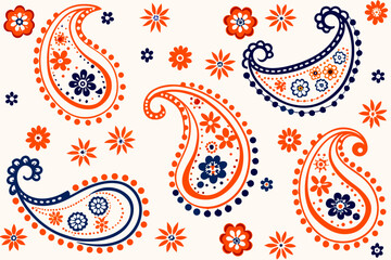 Poster - Vector paisley pattern with floral elements in orange and navy blue suitable for textiles and decorative backgrounds