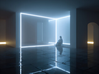 Poster - Seated figure in glowing room with light reflections creating surreal atmosphere