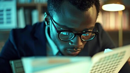 Poster - Focused professional analyzing financial data in a modern office environment during the evening, financial data processing over african american businessman in office